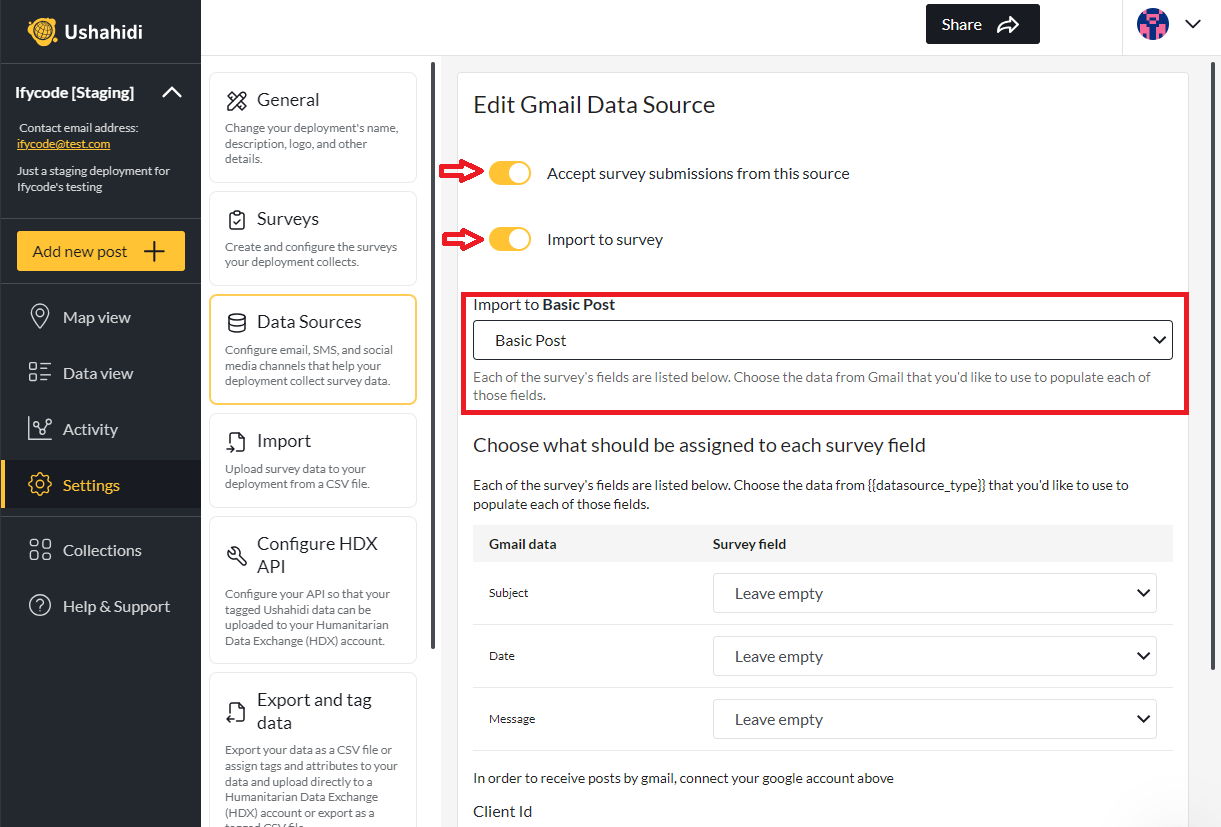 Edit Gmail Data Source Page - Import to Basic Post highlighed.