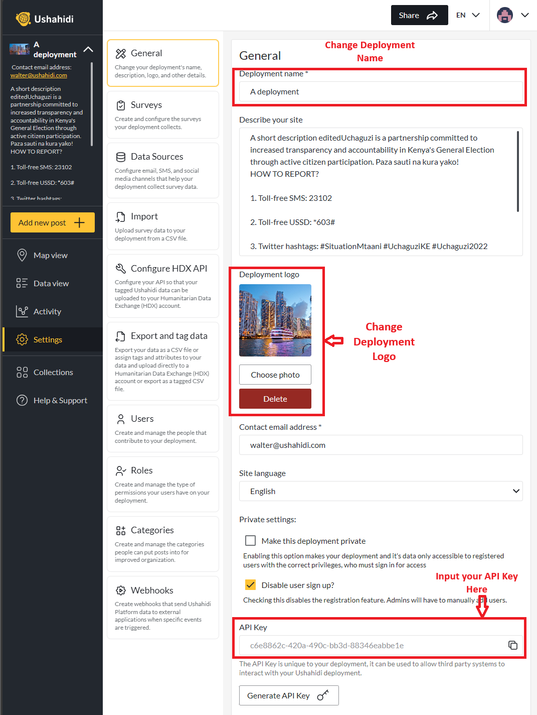General Settings page that allows you to change various settings.The page highlights deployment name field, deployment logo field, and API Key field