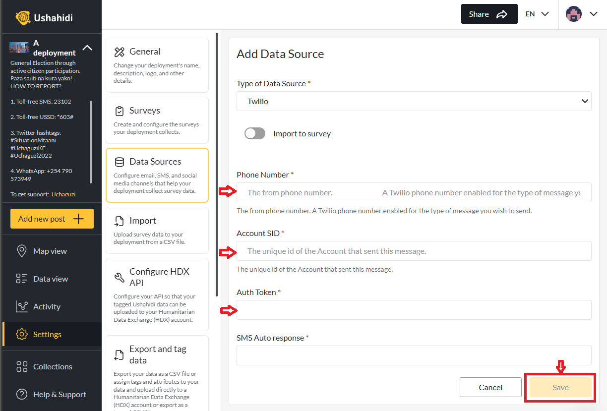 Twilio datasource configuration in Ushahidi Platform.