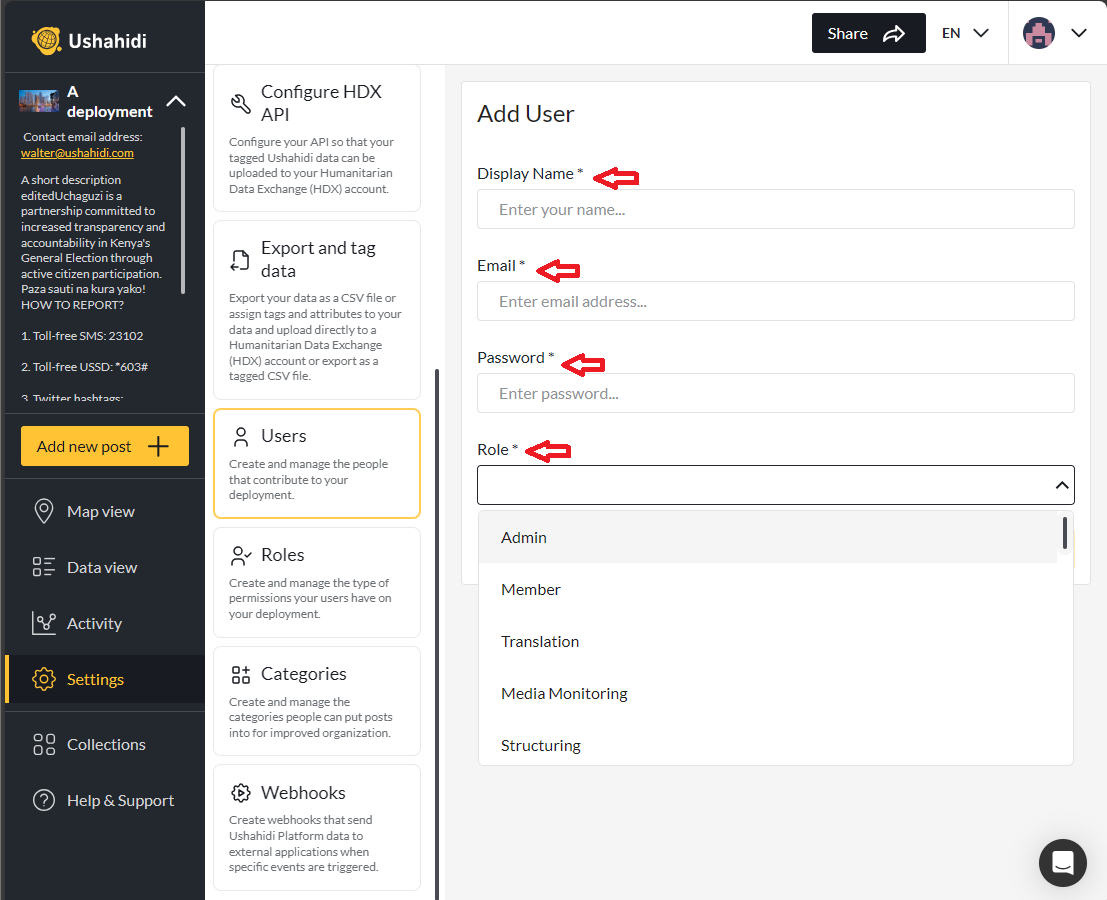 Add User Form to input user's details such as name, email and password.