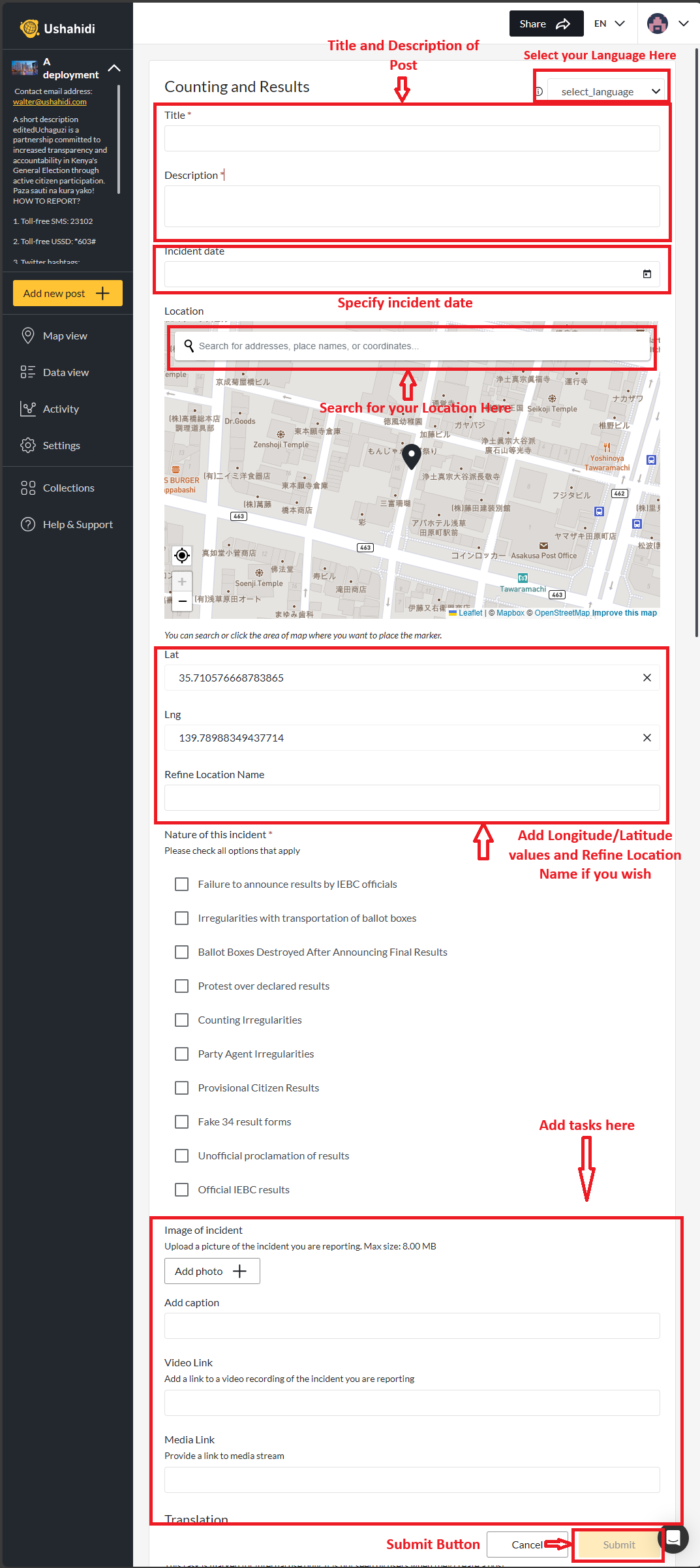 Adding a post in the Counting and Results Survey highlighted the necessary form fields required.