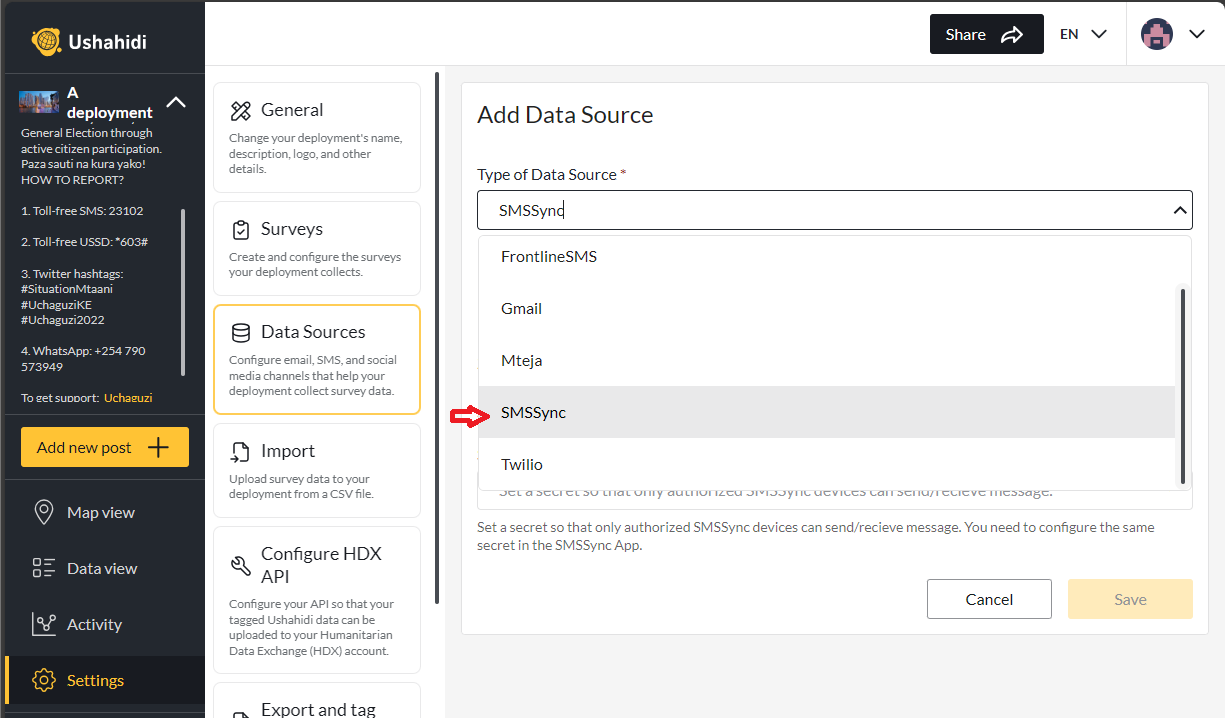 Settings -Button highlighted to access the SMS Sync data source configuration