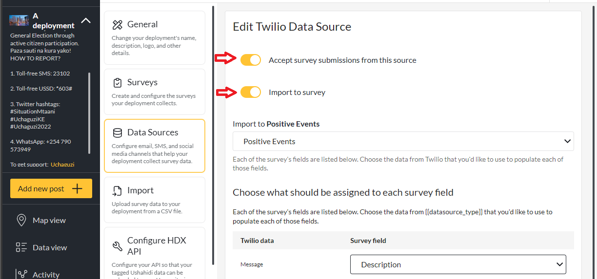 Enable survey submissions from Twilio.