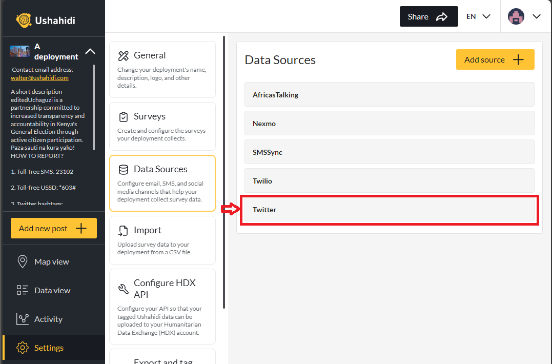 Settings - Datasources: Button to open the Twitter datasource configuration