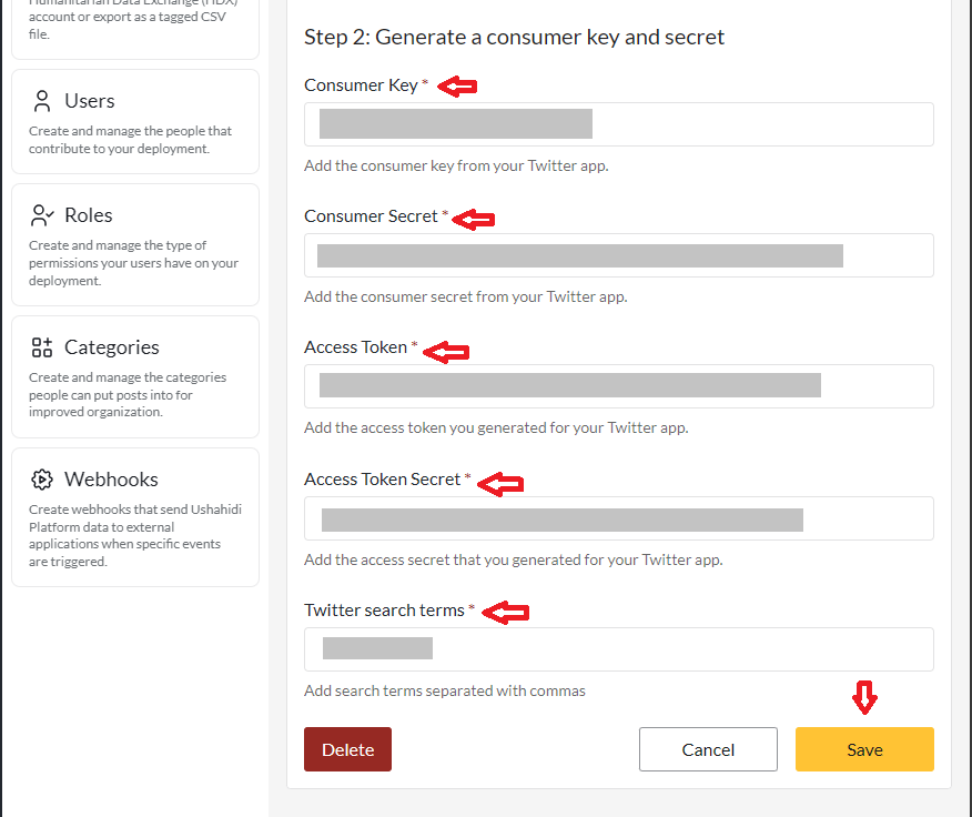 Configuration page for Twitter in Ushahidi Platform