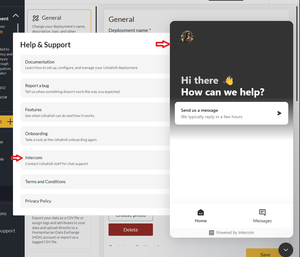 Help & Support Modal - Intercom link highlighted displaying Intercom modal to chat with a team member.