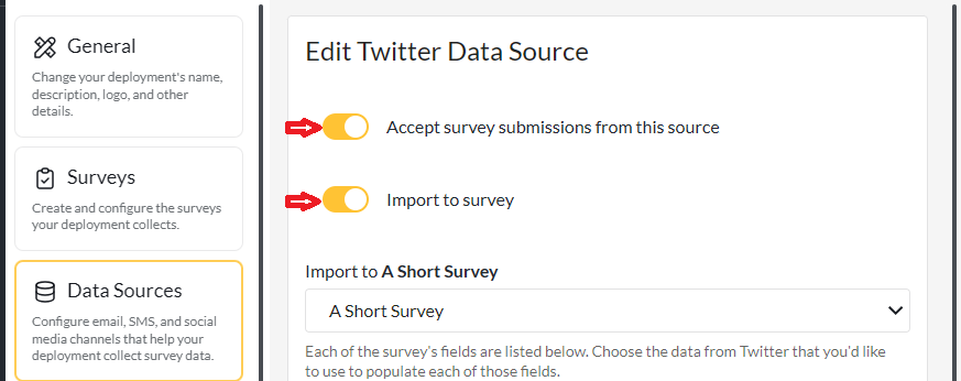 Enable the twitter toggle in the datasource to get tweets into platform