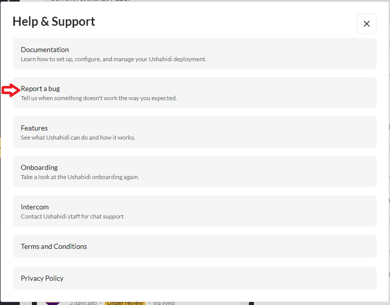 Help & Support Modal - Report a bug Link highlighted