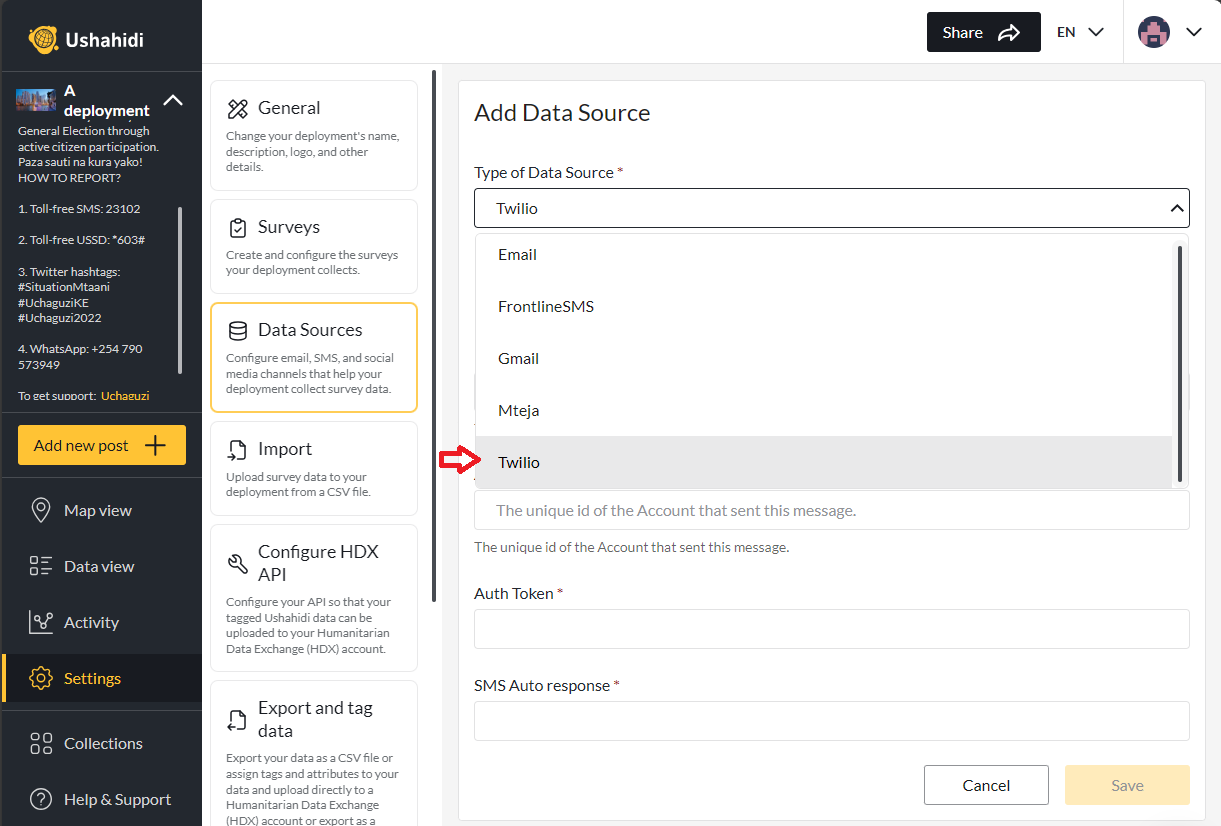 Twilio data source configuration.