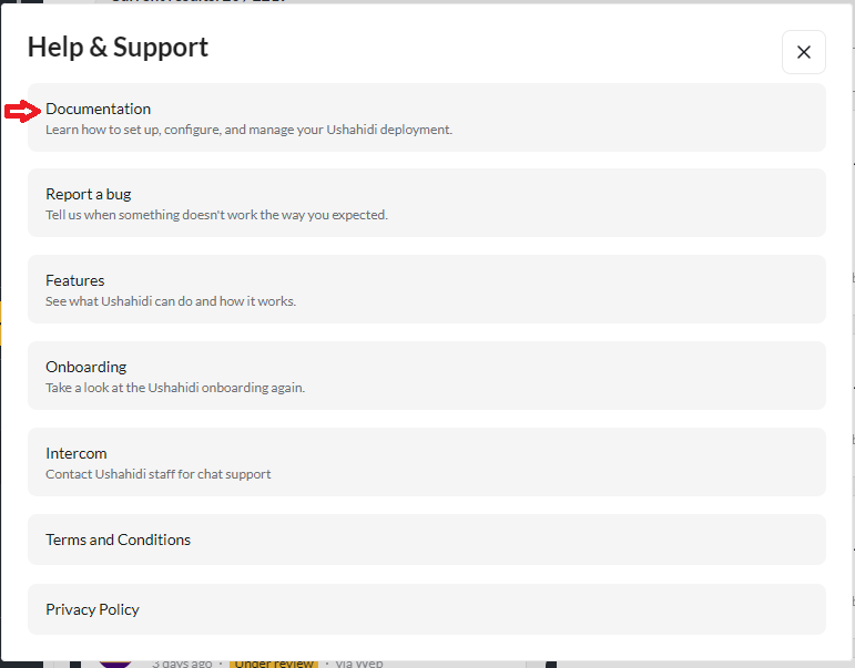 Help & Support Modal - Documentation Link highlighted