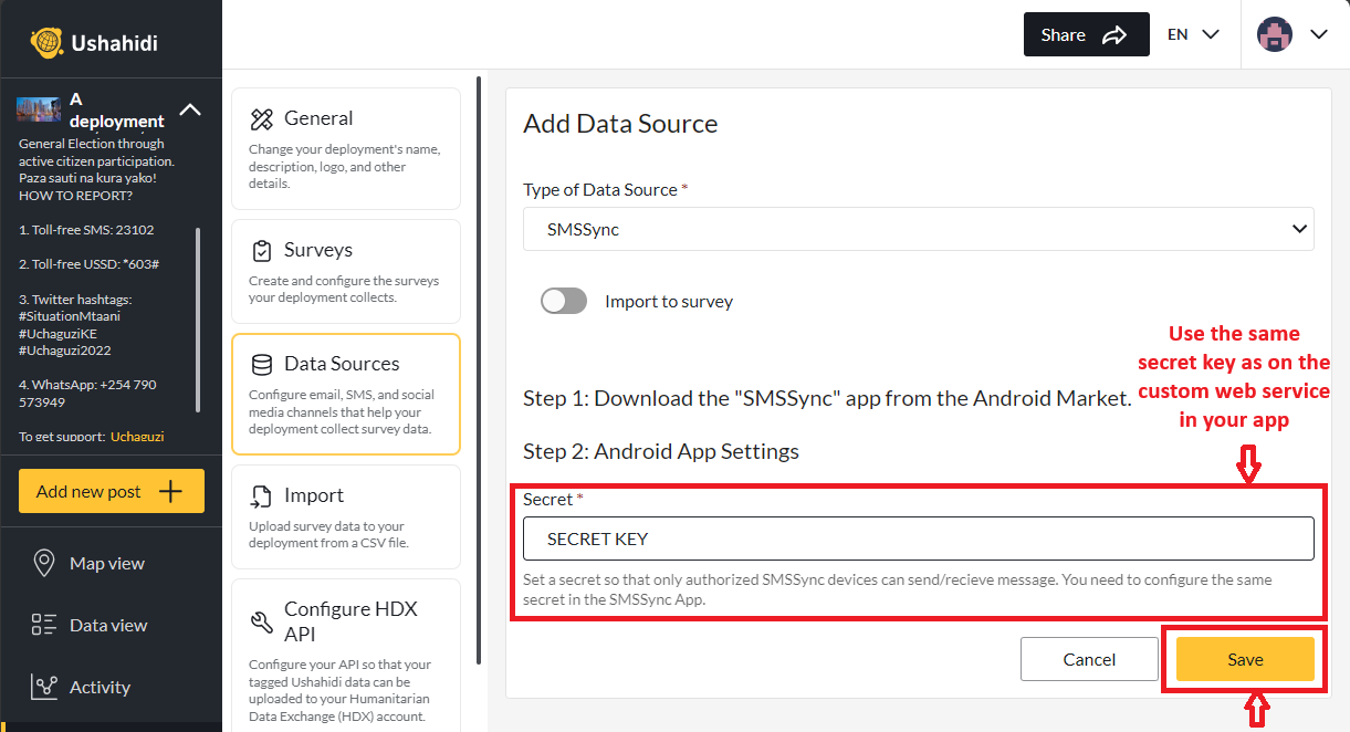 Android App settings under Add Data Source page