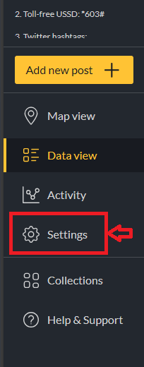 Settings button higlighted in the sidebar of an Ushahidi.io deployment