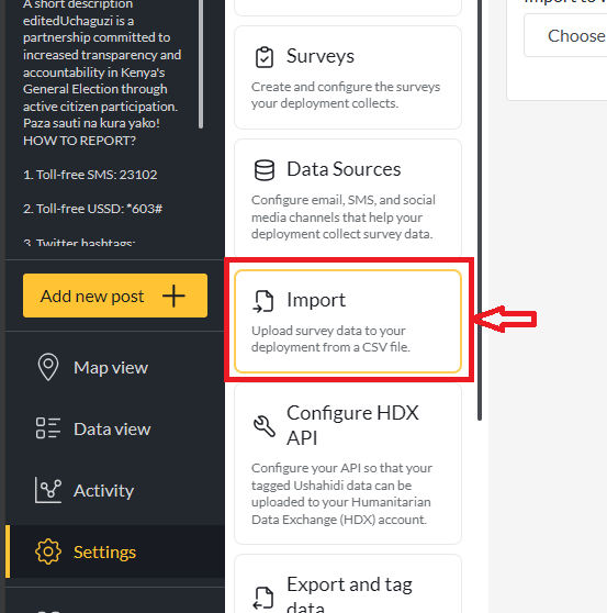 Settings -> Import button highlighted