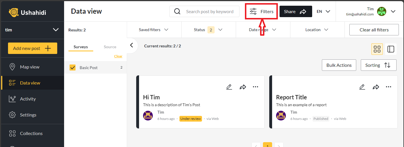 Filters button highlighted in the toolbar