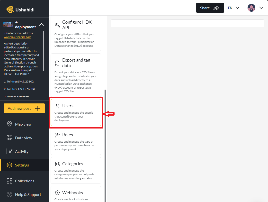 Settings -> Users button highlighted
