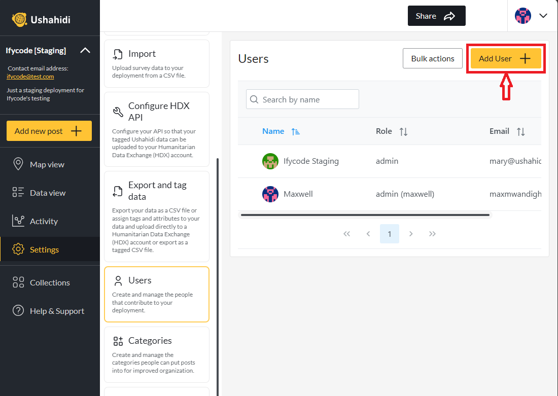 Add User button highlighted to add new users.