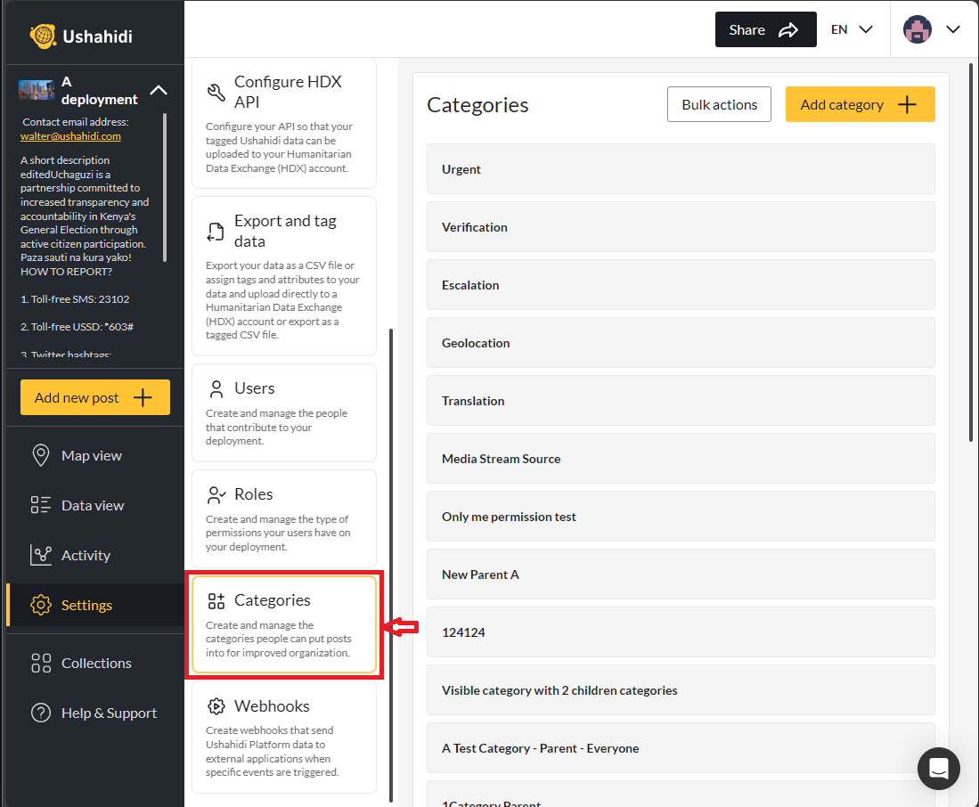 Categories section in Settings