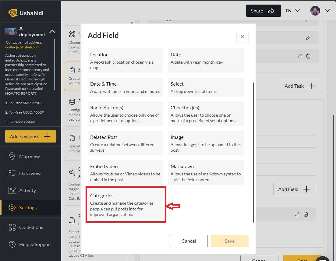 Add categories to a survey.
