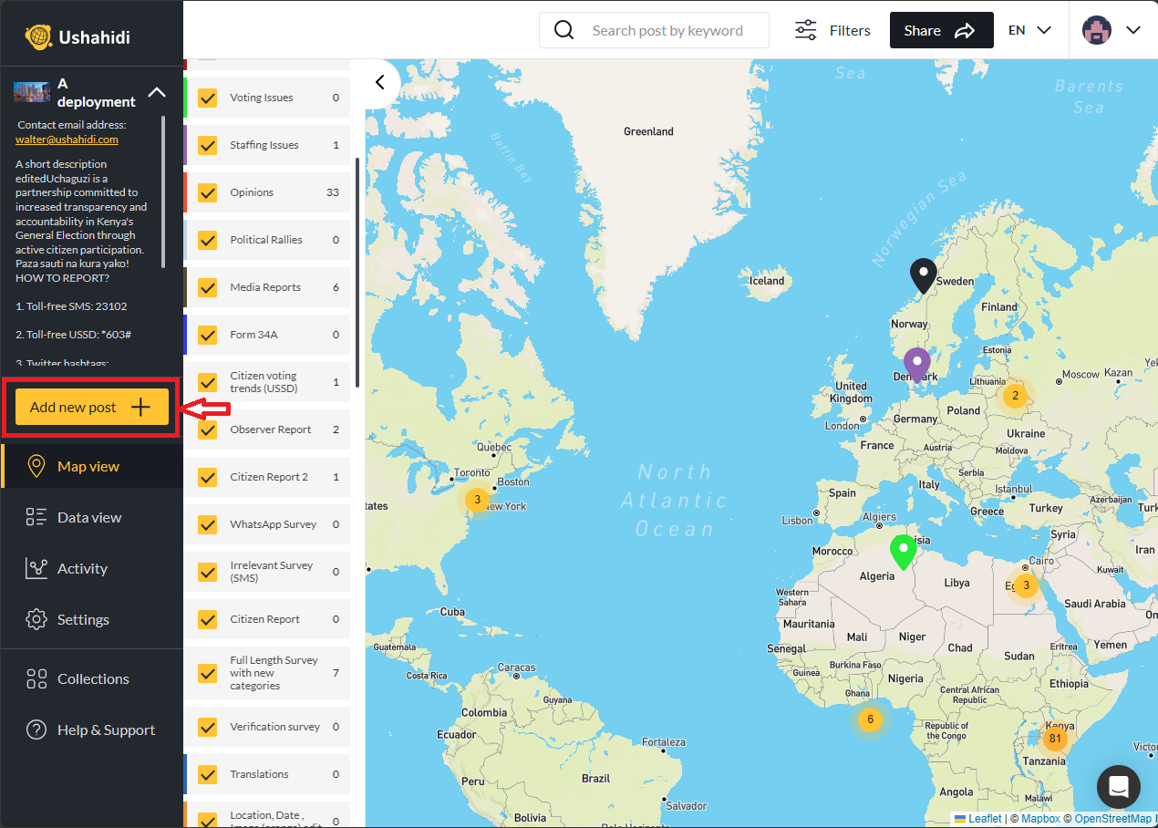 Highlighted: Add new post button in the Ushahidi sidebar