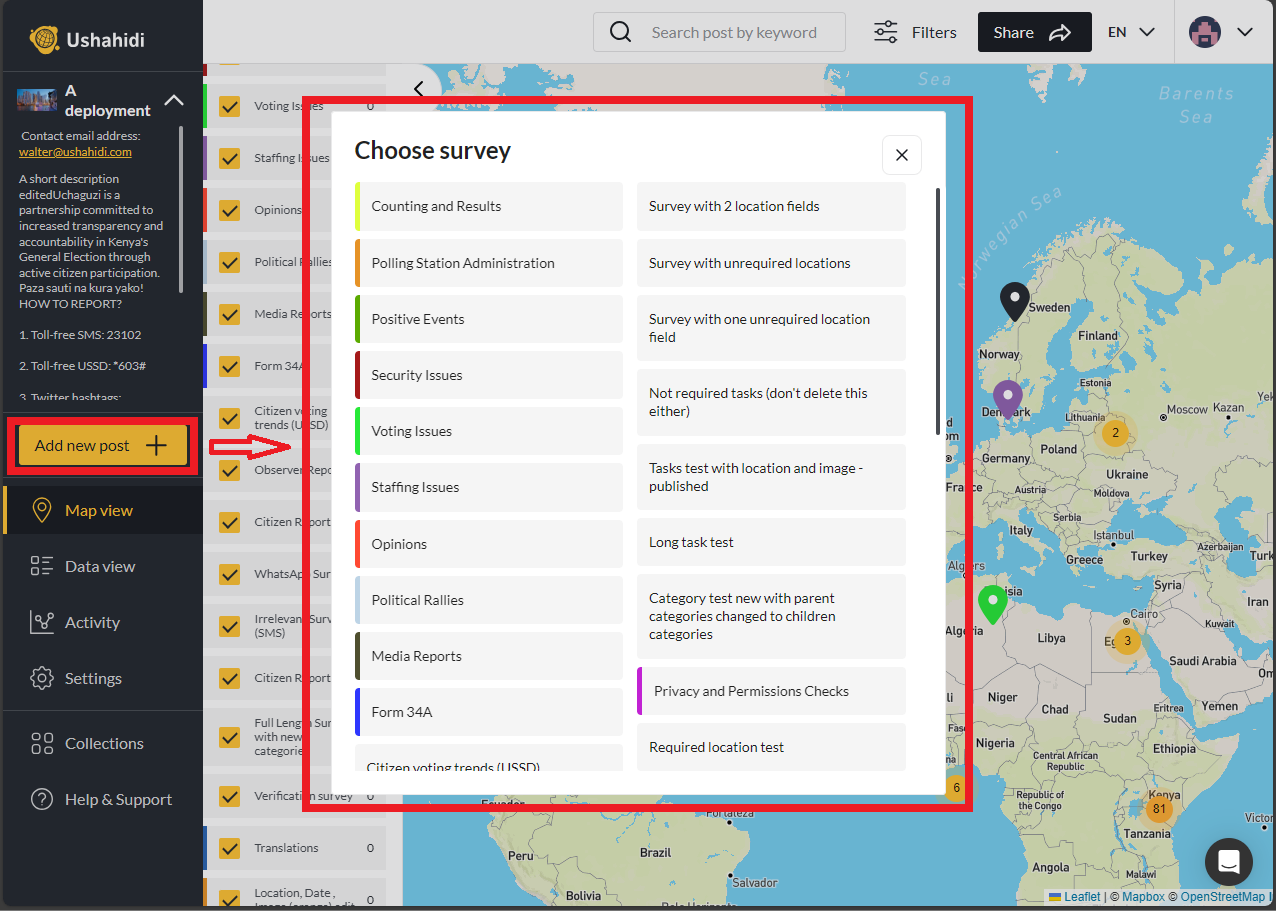 Highlighted: Choose survey modal displaying a list of surveys.