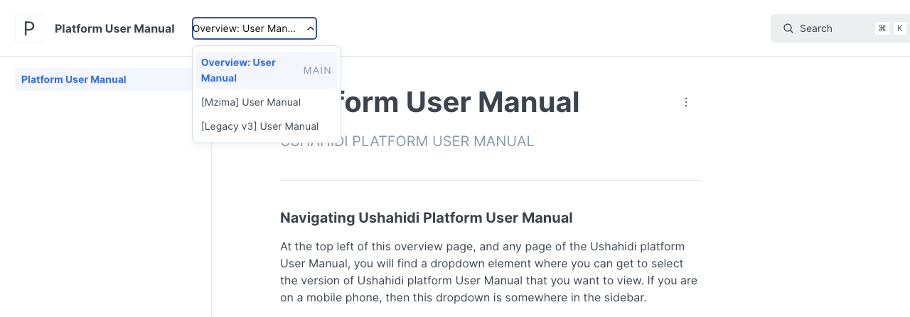 How To Navigate The Platform User Manual. A dropdow element where you can get to select the version of your choice for the user manual.