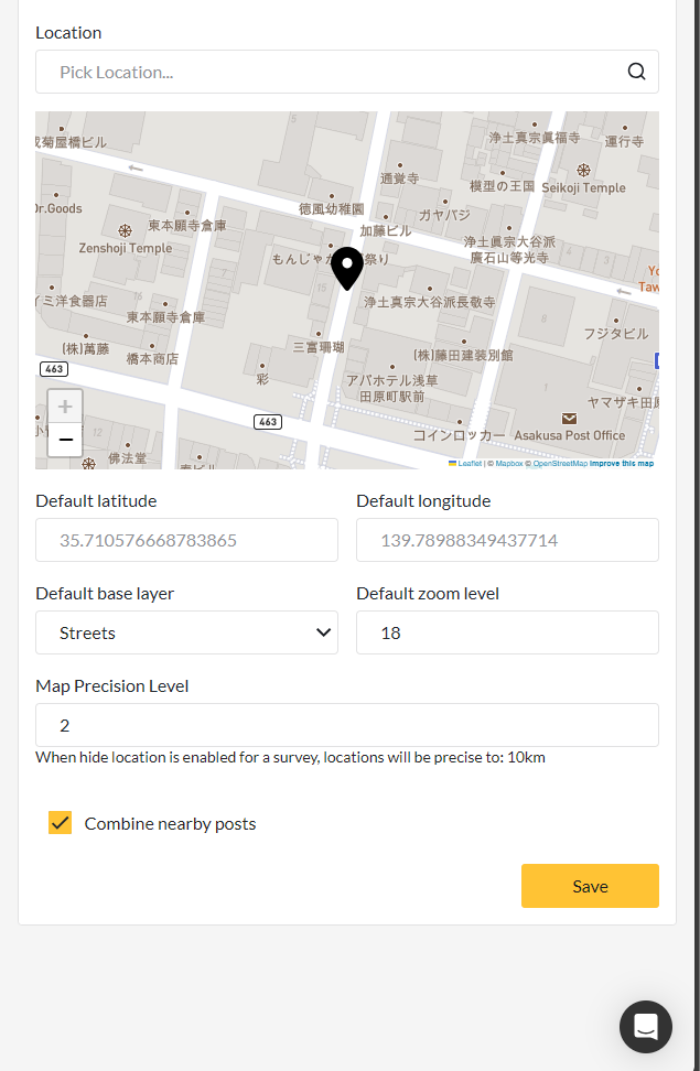 Map Configuration Page For Configuring map settings.It displays a form with location field, a map, default latitude field, default longitude field, default base layer field, default zoom level field and map precision level, and a checkbox for adding nearby posts
