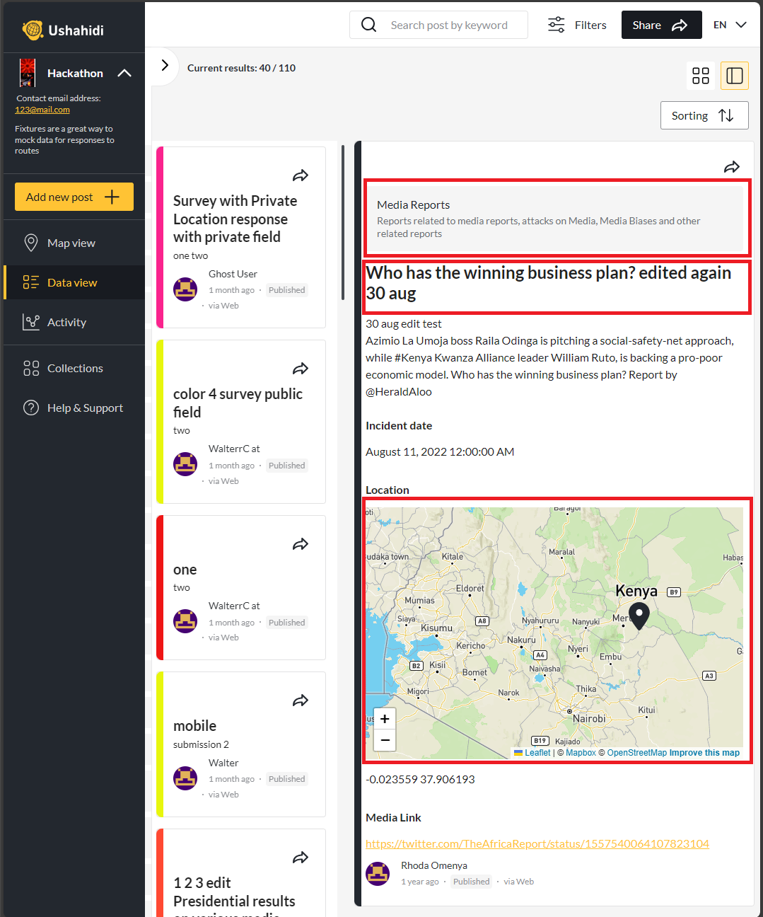 Additional details such as survey type, location and the categories.