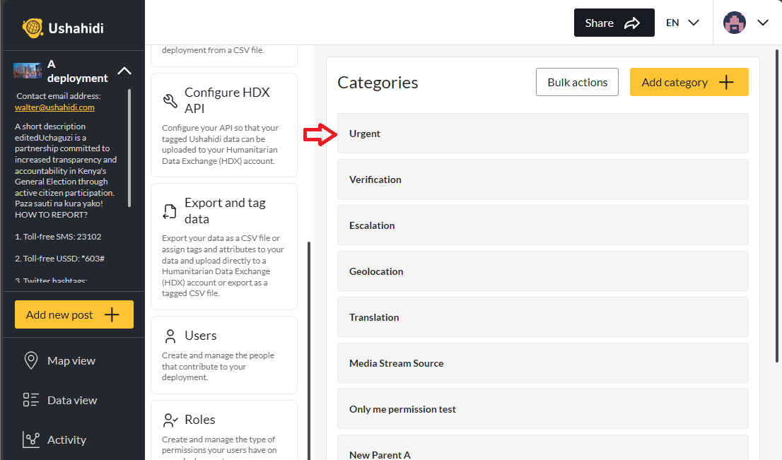 Select a category's checkbox from the categories list in the Settings -> Categories page to edit it.