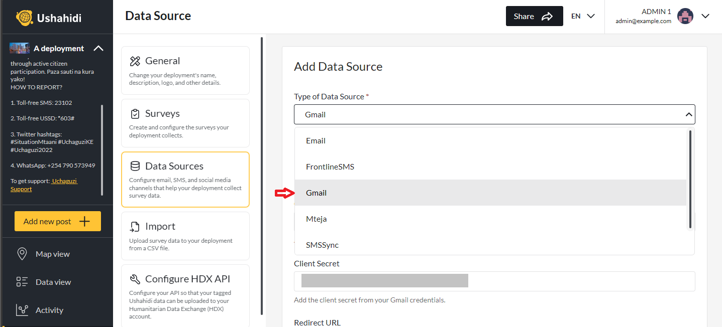 List of available data sources - red arrow pointing to Gmail Data Source