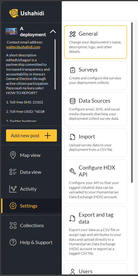 General settings link in the Settings page of an Ushahidi.io deployment.